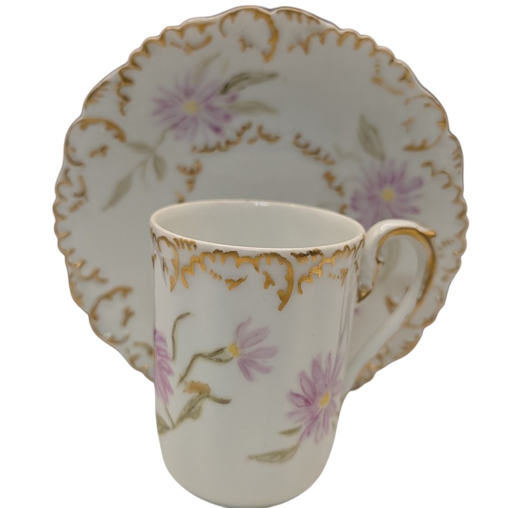 Antique Limoges Demitasse Cup and Saucer Hand Painted Floral Gold Trim Two Piece
